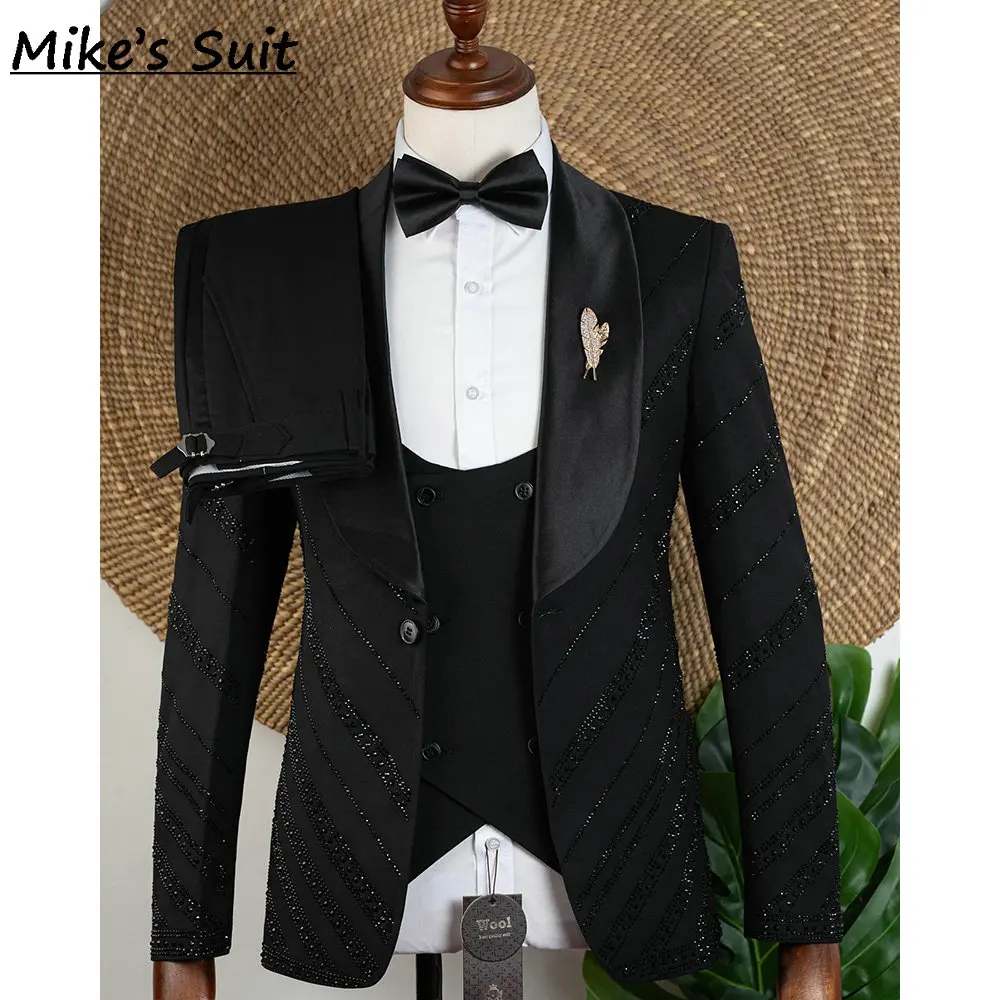Terno de casamento preto noivo usar listra miçangas pérolas ternos do homem formal smoking duas peças conjunto blazer e calças traje de novia