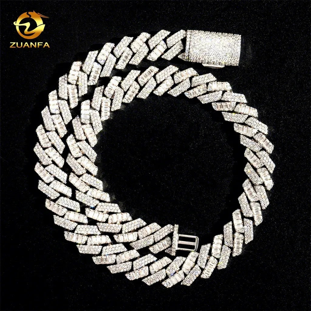 Jewelry Fashion Iced Out Hip Hop 925 Solid Silver 15mm VVS1 Baguette Moissanite Diamond Miami Cuban Link Necklace Bracelet Men..