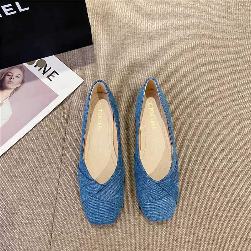 Women Flats Denim Cloth Blue Shoes for Ladies Square Head Solid Color Size 35-41 Spring Summer Autumn Shoes Flat Heel All Match