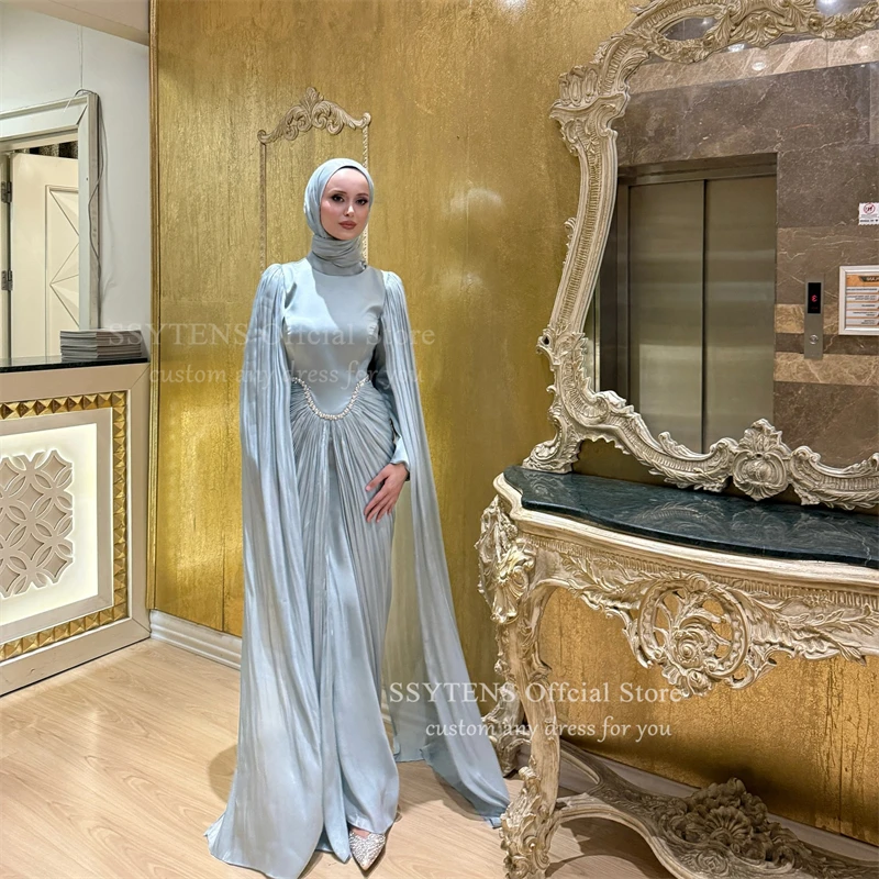 Gaun Malam Satin Sutra Sederhana SSYTENS dengan Lengan Cape Panjang, Kerah Tinggi, Gaun Prom Muslim Mewah, Gaun Prom Dubai yang Dapat Disesuaikan