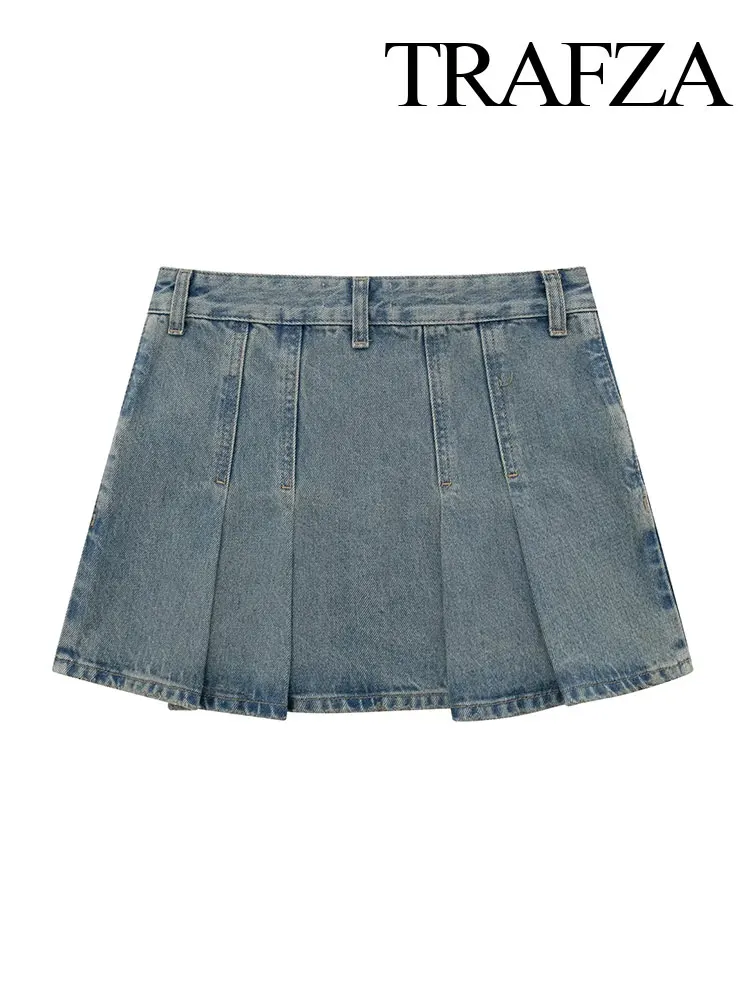 TRAFZA Summer Women's Fashion Pleated Denim Mini Skirt Retro Mid-waist Zipper Placket Female Slim Skirt Denim Skirt Street Style