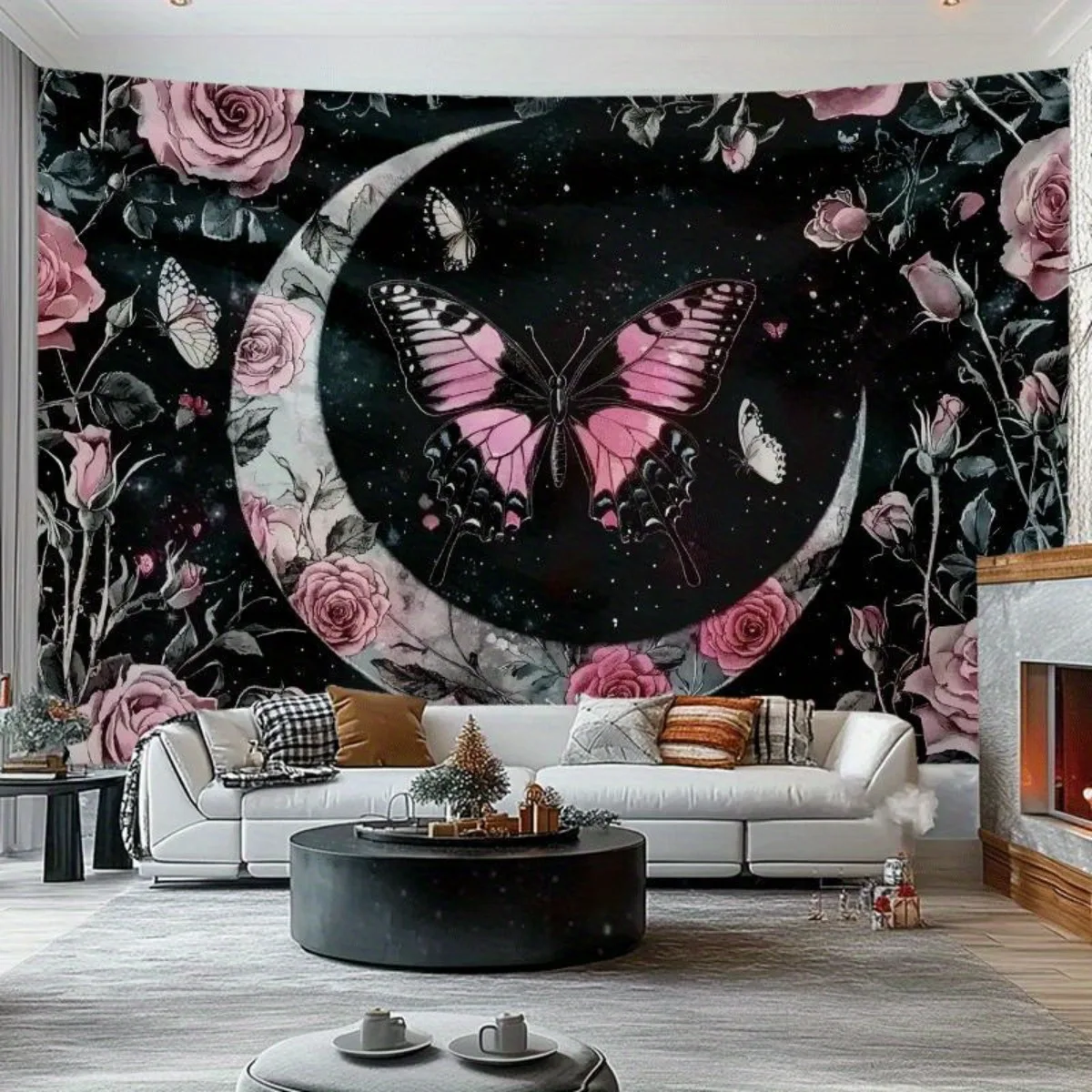 VIKAMA Wandteppich mit rosa Rosen und Mondphasen, Hippie-Bohemian-Ästhetik, Heimdekoration für Wohnzimmer und Schlafzimmer, Wohnheim