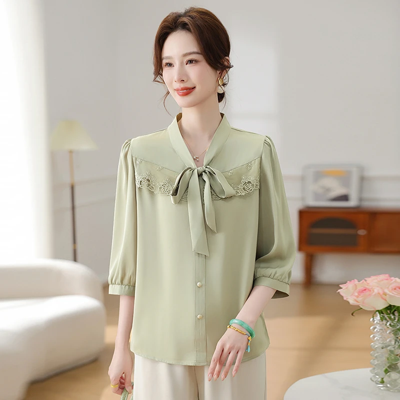 

Ele Mom Spring Faion Set Chiffon Top 2025 New Mid-Aged Women's Spring Summer Seven-Quarter Sve Top And Bot