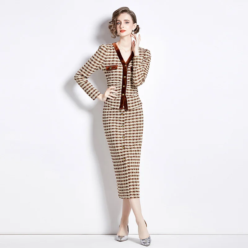 Iridesse New Style, Houndstooth Suit, V-neck, Single Breasted, Long-sleeved Top + High Waist Skirt, Women Fashion 2pcs Suit
