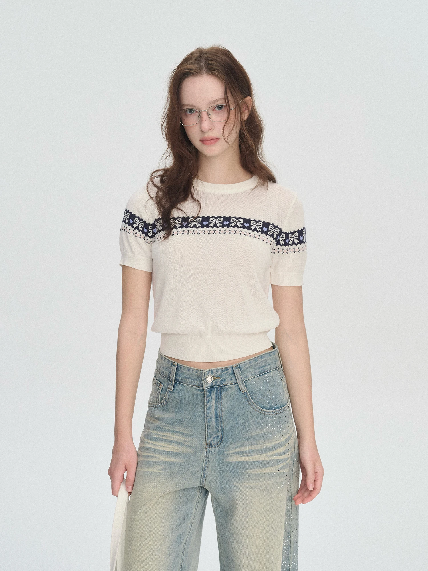 

Enroute High Waist round Neck Knitted T-Shirt with Knot Fair Isle Color Block Pattern Short Sleeve Soft Comfortable...