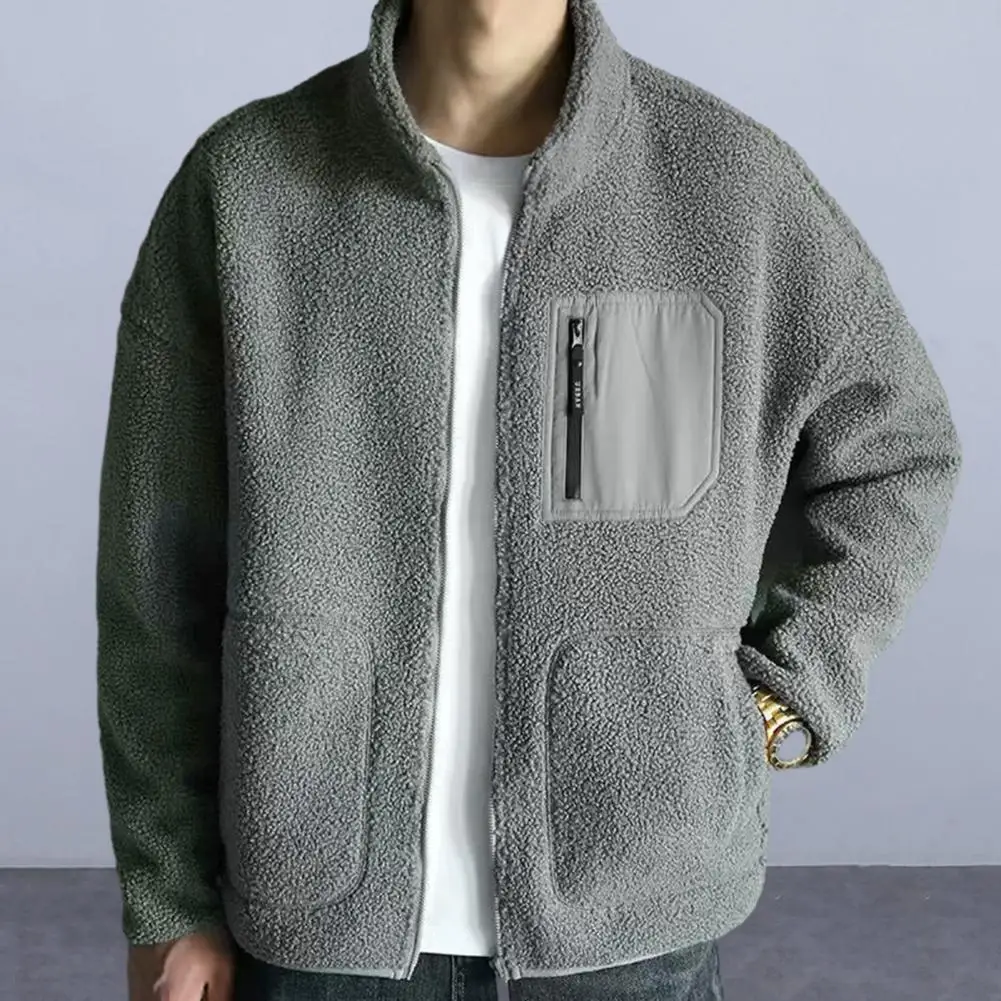 

Men Imitation Lambswool Coat Winter Stand Collar Long Sleeve Polar Fleece Jacket Solid Color Pocket Zipper Placket Outwear