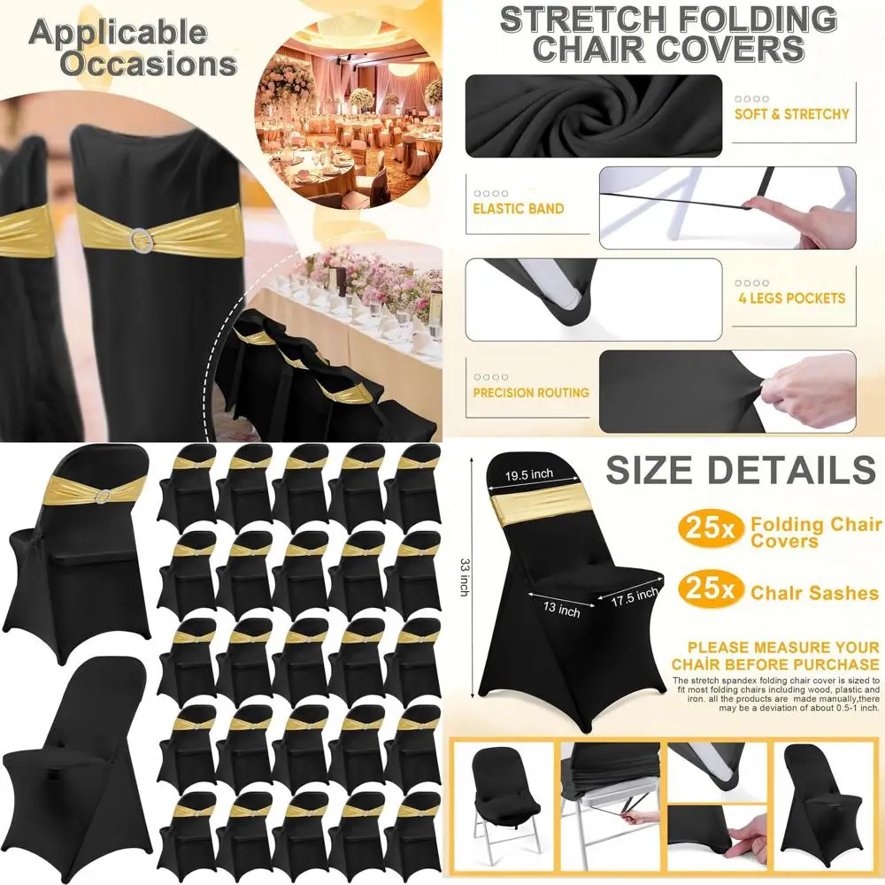 Set di 50 fodere per sedie pieghevoli: 25 elastici e 25 fasce con paillettes per matrimoni, feste ed eventi (nero e oro)