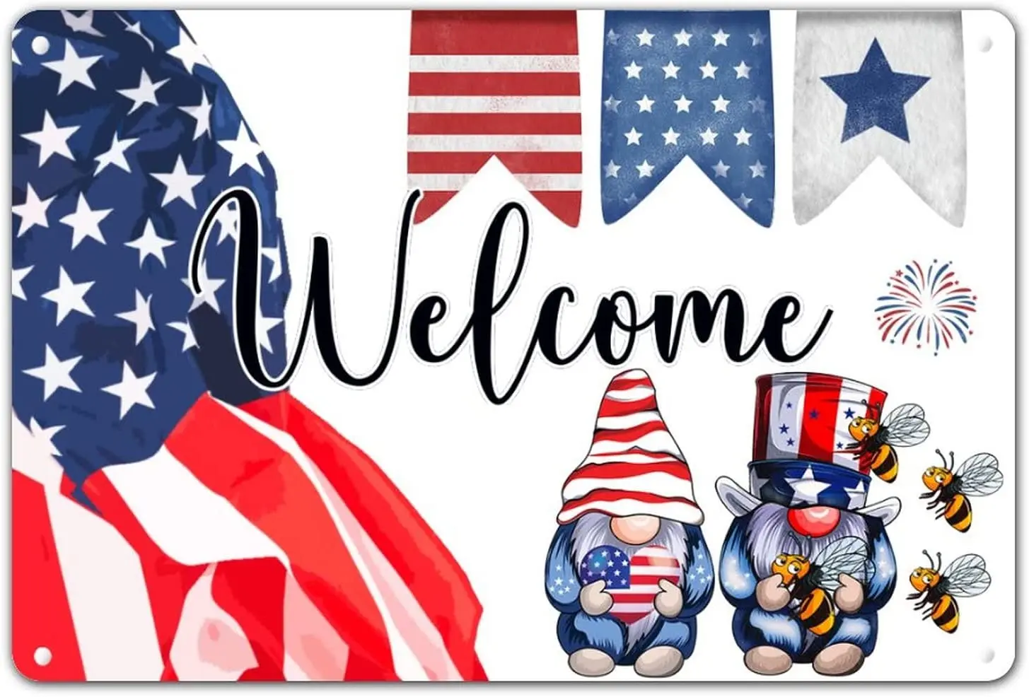 8x12in Aluminum Sign Independence Day Cute Gnomes Hold Heart-shaped American Flag Plaque Tin Sign No Fading Fade