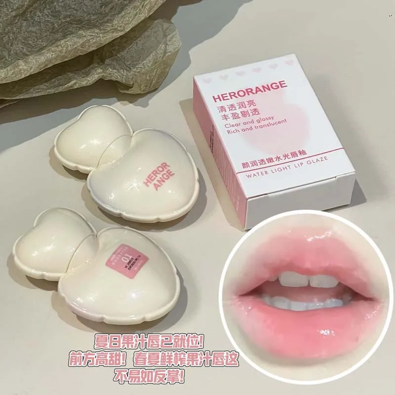 Cute Heart Mirror Glass Liquid Lipstick Love Shaped Pink Water Light Lip Stain Non-Stick Cup Lipgloss&Blush Makeup