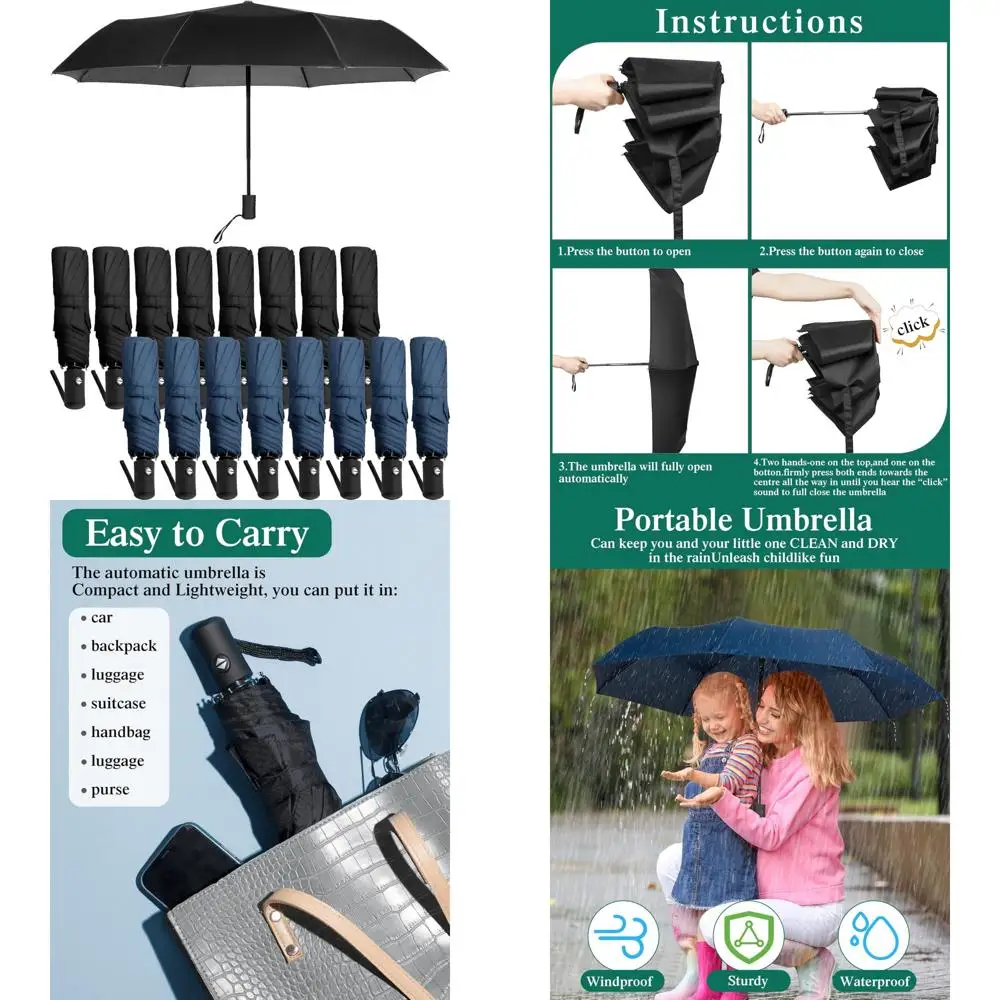 

Windproof Automatic Travel Umbrellas - 16 Pack Collapsible Folding Compact Portable Rain Umbrellas for Outdoor Use