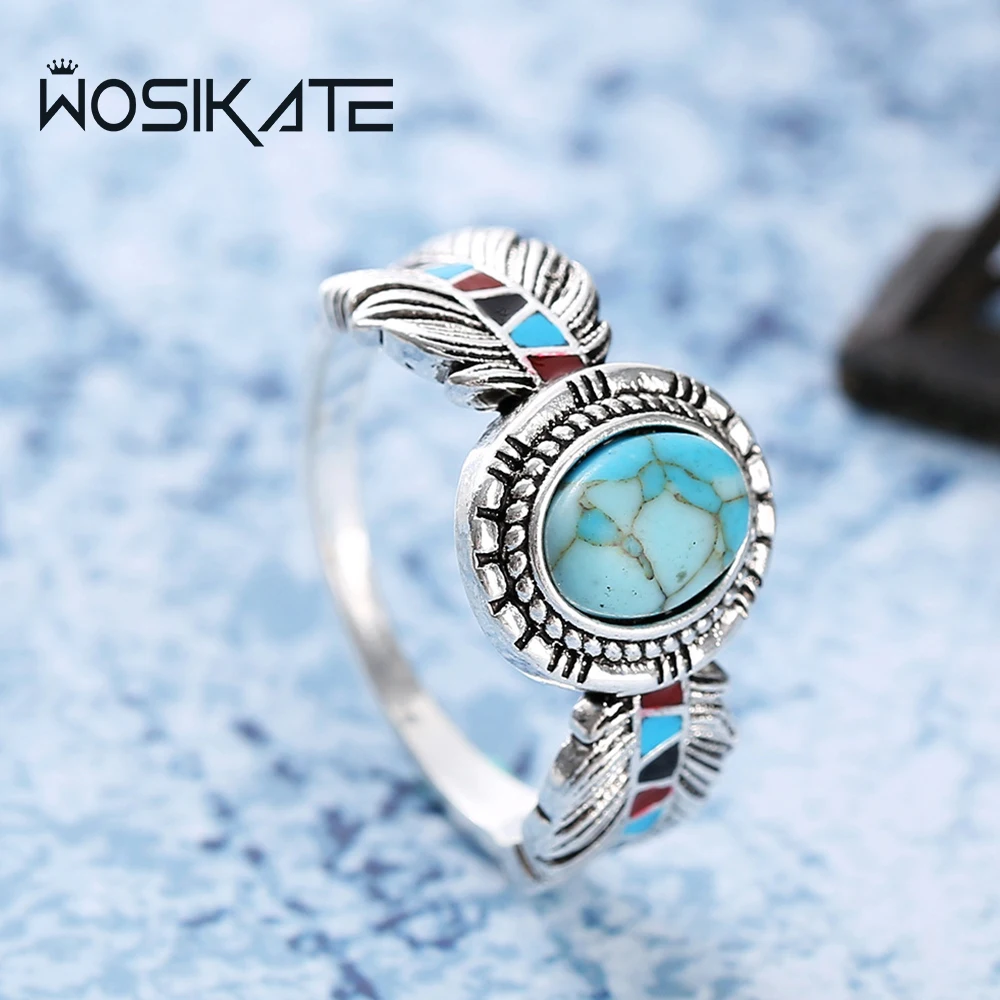 WOSIKATE Luxury Inlaid Turquoise Eagle Feather Ring For Women 925 Silver Fashion Jewelry Party Wedding Hand Accessories