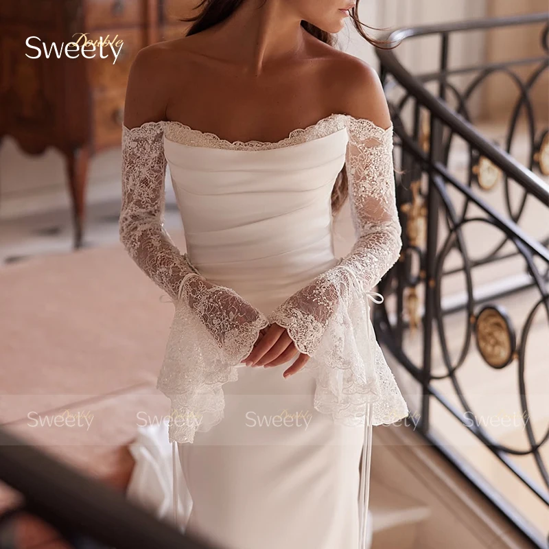 Suknia ślubna w stylu vintage satynowa z haftem suknia balowa o kroju syreny dekolt w łódkę pełna rękaw dostosowana suknia dla panny młodej Vestido De Novia zamek błyskawiczny