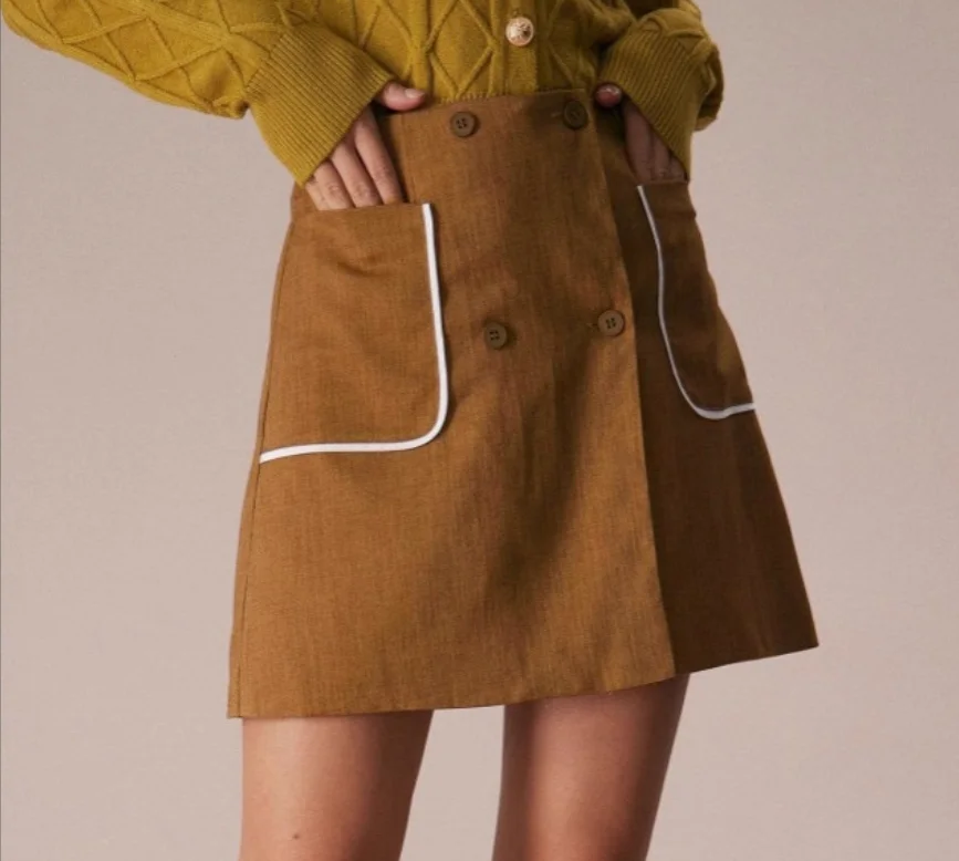 

Fashionable Contrasting Color Splicing High Waist Slim Fit Double Breasted Skirt with Pockets, Elegant Women's A-Line Skirt