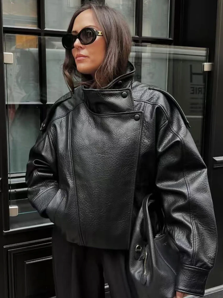HXAO Nieuwe Collectie Dames Bomberjack Leer Zwarte Jassen Cropped Oversize Outerwears Zip-Up Lange Mouwen Jassen Outdoor jas - afbeelding 2