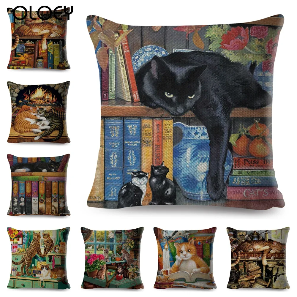 

Cute Book Cat Party Cushion Cover Pillowcase Home Decor Cartoon Animal for Sofa Car Linen Printing Cojines Pillow Case 45x45cm