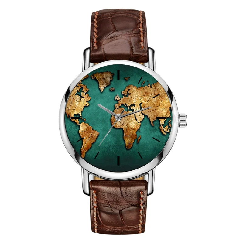 Модные часы с картой мира, часы с круглым ремешком, кварцевый механизм, кожаный ремешок