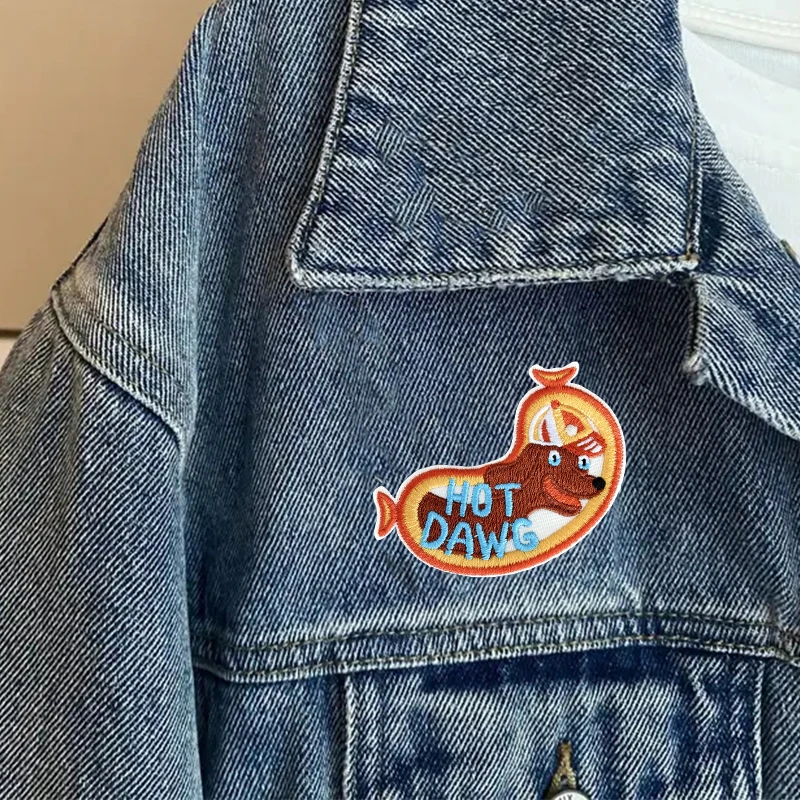 1PC Hot Dawg Dog Embroidered Patch Cartoon Humorous Badge DIY Gift Iron On Sew On Patches For Clothes Cap Bag Jacket Trucker Hat