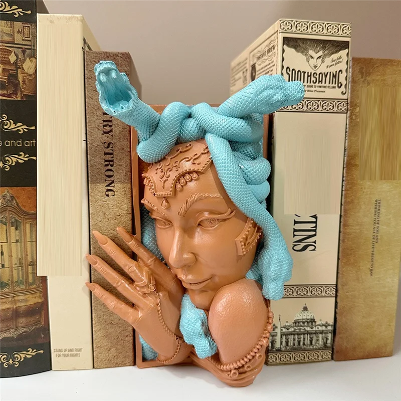 

ABLA-Medusahead Book Nook Decorative Bookends Unique Snake Women Face Book Ends Heavy Duty Book Stopper For Home Office Desk