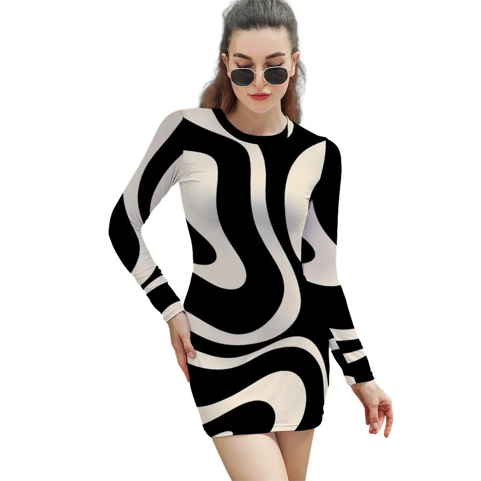 

Modern Liquid Swirl Abstract Pattern Square in Black and Almond Cream Long-Sleeved Sheath Dress sexy dress for women