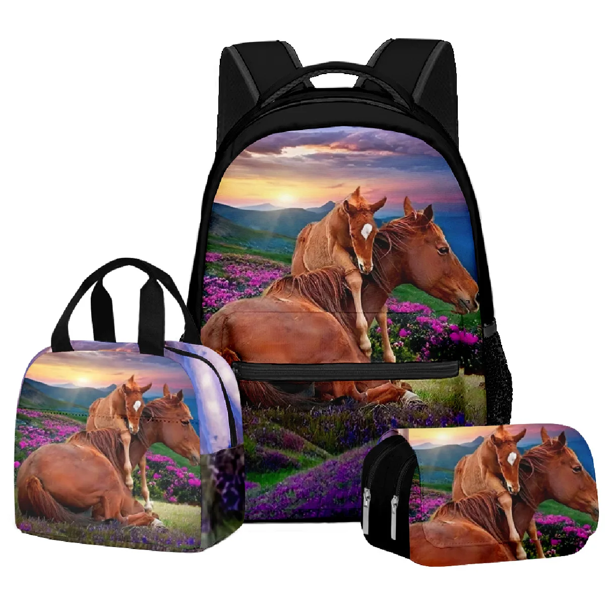 Classic Popular Funny Grassland horse 3D Print 3pcs/Set School Bags Laptop Daypack Backpack portable Lunch bag Pencil Case