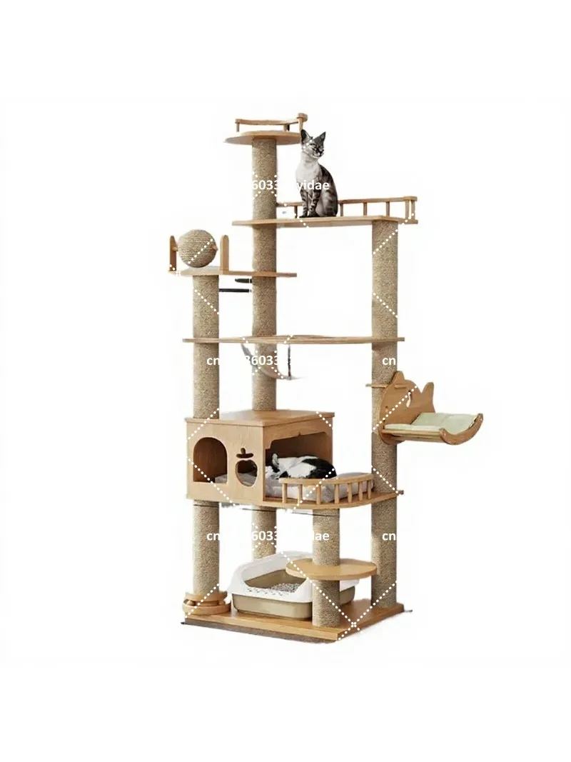 Solid Wood Cat Tree Multi-Level Climbing Tower with Scratching Posts and Cozy Space Capsule