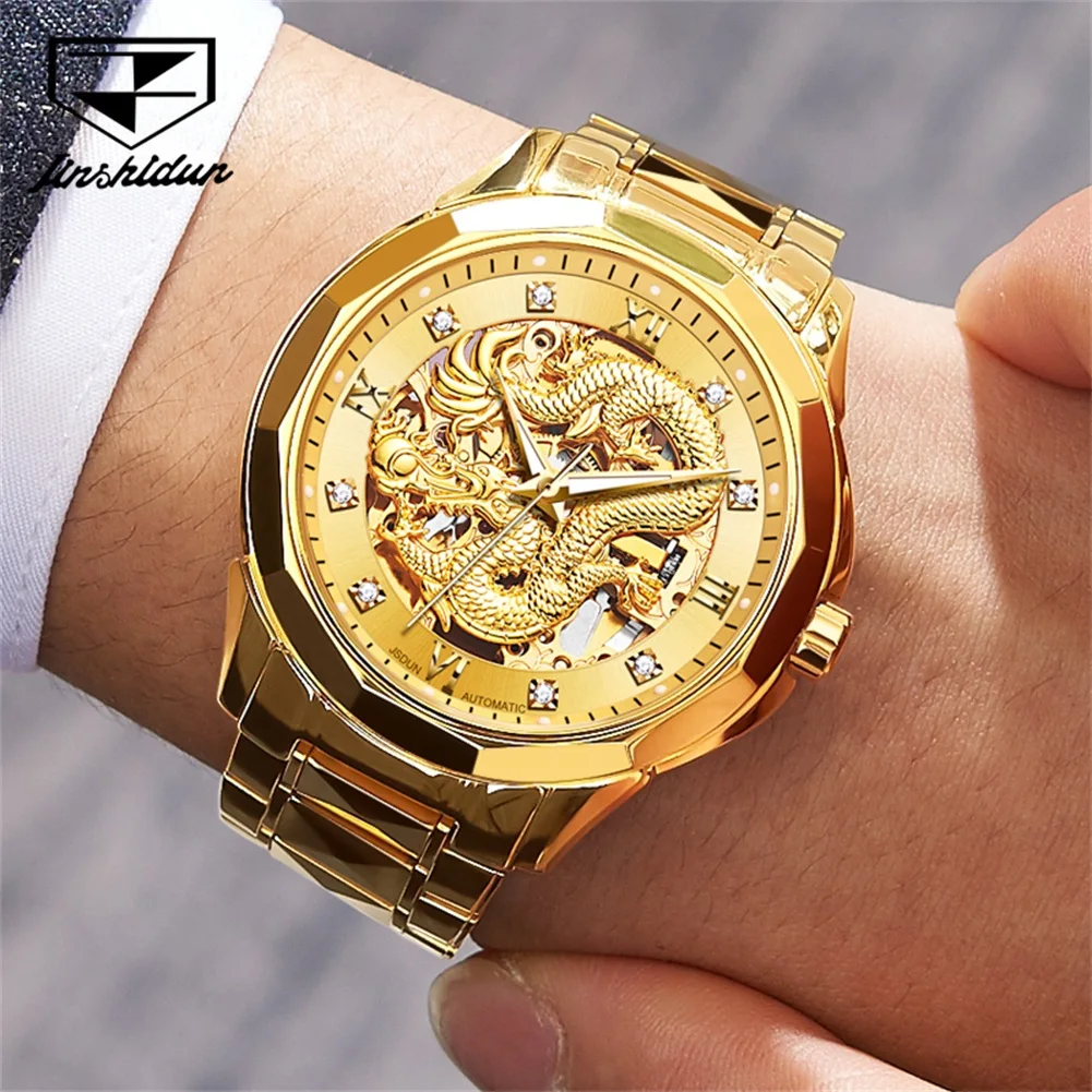 JSDUN Original Watch for Men Fully Automatic Mechanical Gold Dragon Watch High Quality Tungsten steel Luminous Diamond Watch Man