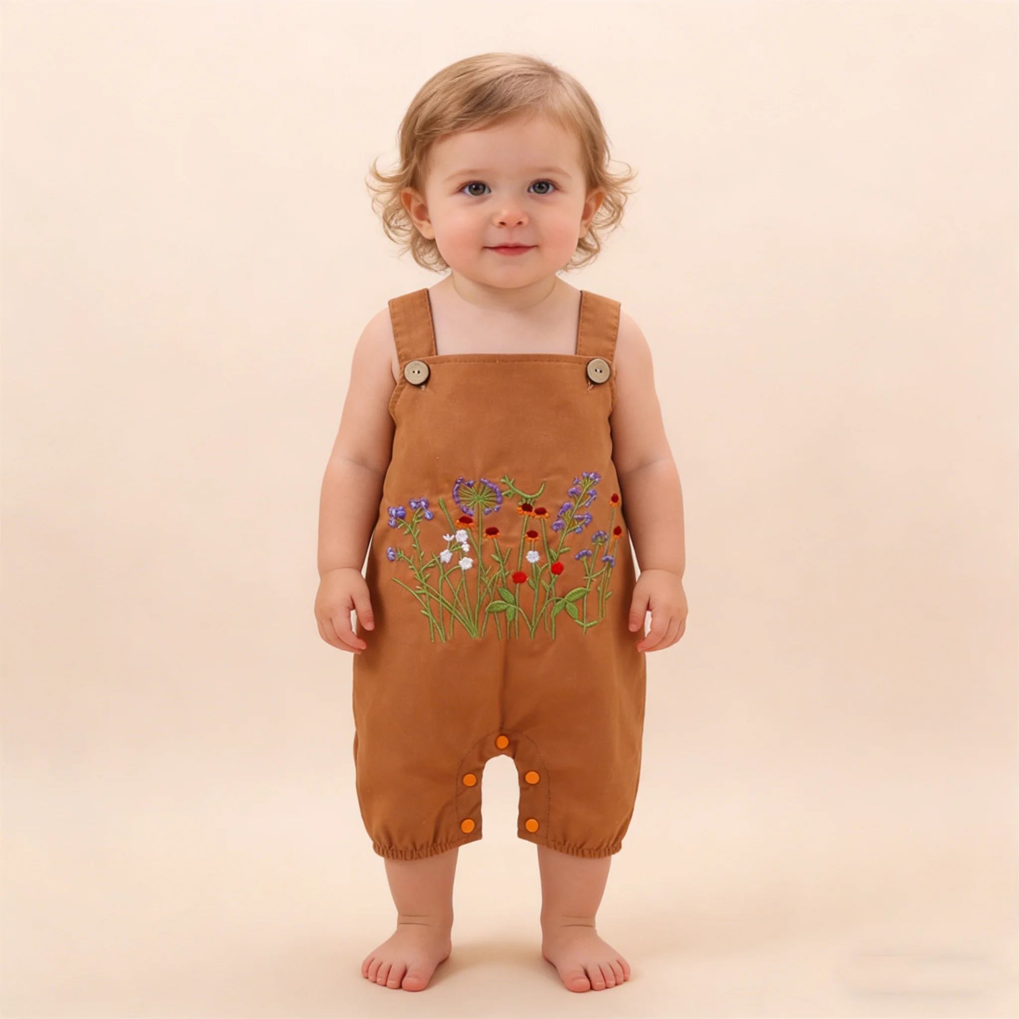 

Newborn Baby Girl Pure Cotton Romper with Embroidered Flower Bibs Sleeveless Jumpsuit Infant Clothing