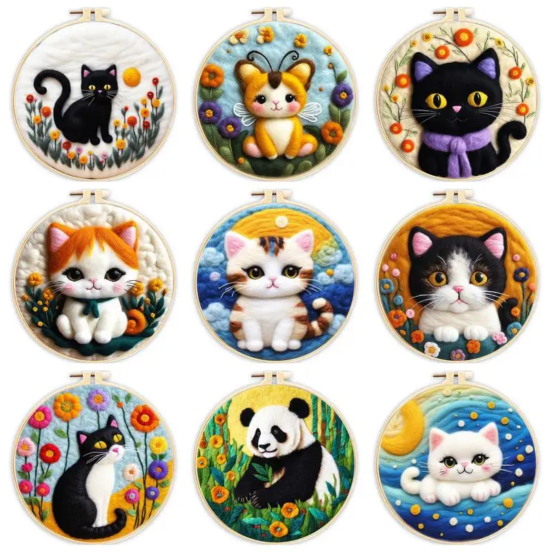 CHENISTORY Needle Felting Painting With Frame Kit For Beginner Cat Wool Felting Painting Handmade Felt Needles, Foam Pad,Cloth