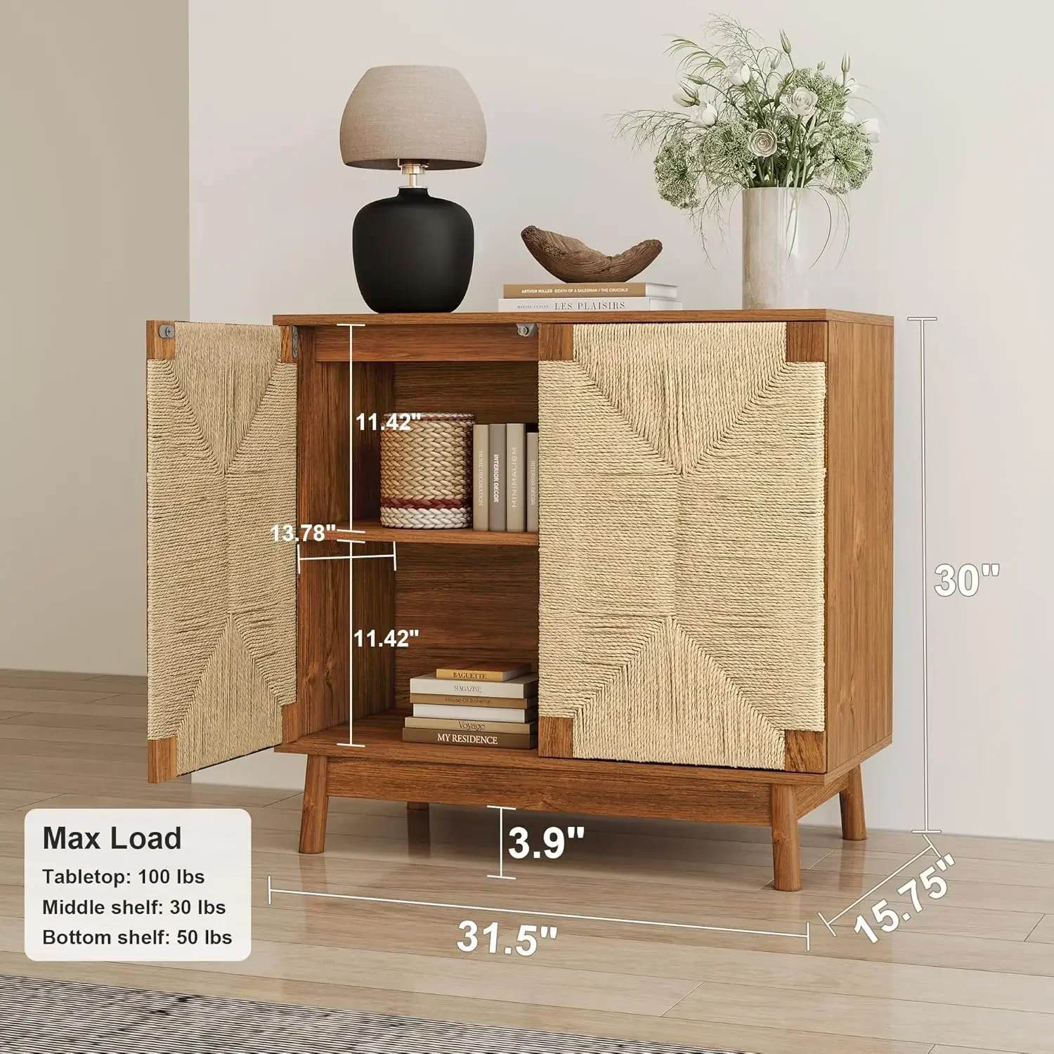 Accent Sideboard Cabinet with Solid Wood Legs, Boho Buffet Cabinet with Natural Fiber Paper Rope Hand-Woven Doors