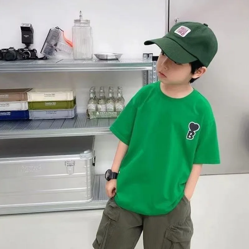 

2026 Summer Boys 100% Cotton Short Sleeve T-Shirt Heart Letters Kids Multi Sizes Loose Fit Casual Versatile Mix Match