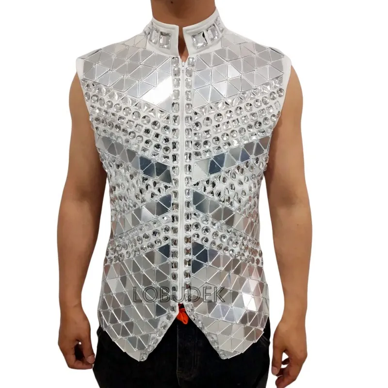 

Silver Sequins Vest Rhinestones Mirrors Waistcoat Bar Nightclub Male Singer Stage Crystal Performance Blue Drum Dance Coat