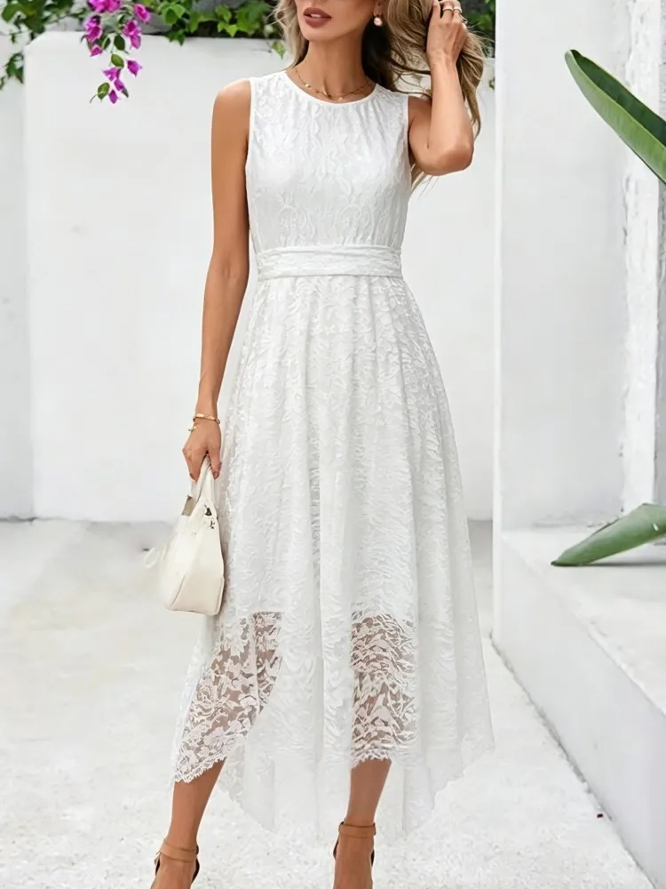 

Sexy Lace Splicing White Dress For Women Summer Fashion Elegant Sleeveless Beach Party Casual Holiday Party Dresses Robe Femme