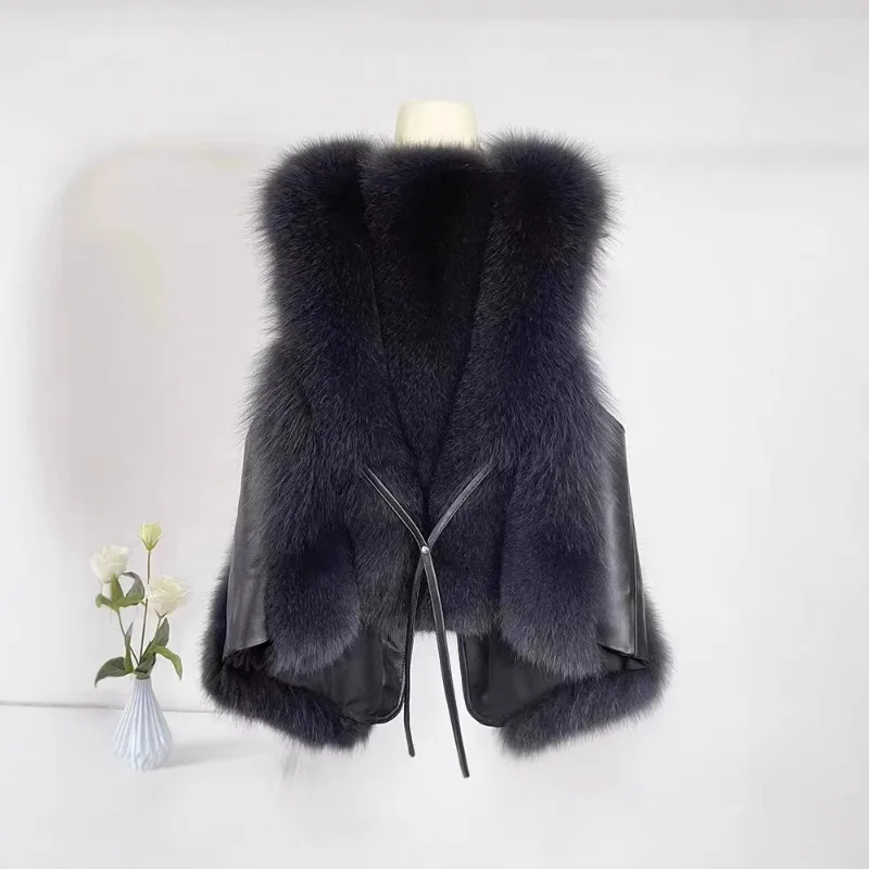Autumn Winter Fashion New Solid Women Vest Jackets Loose Faux Fox Fur Leather Spliced Padded Pockets Buckle Strap Warm Outerwear