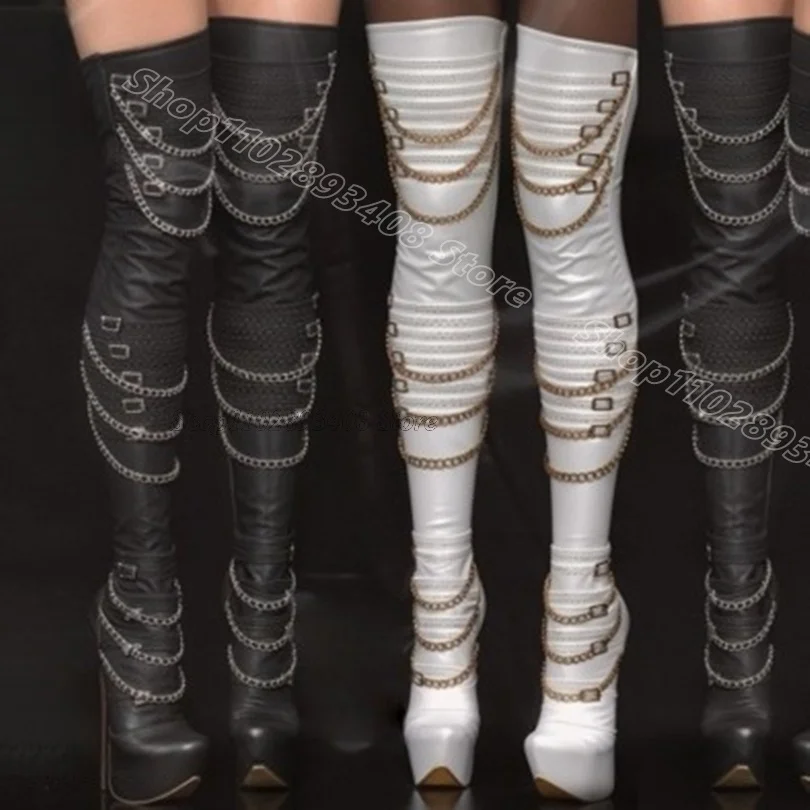 

Черные кожаные ботинки на платформе с цепочкой, с открытым носком, в британском стиле, повседневные, выше колена, для женщин