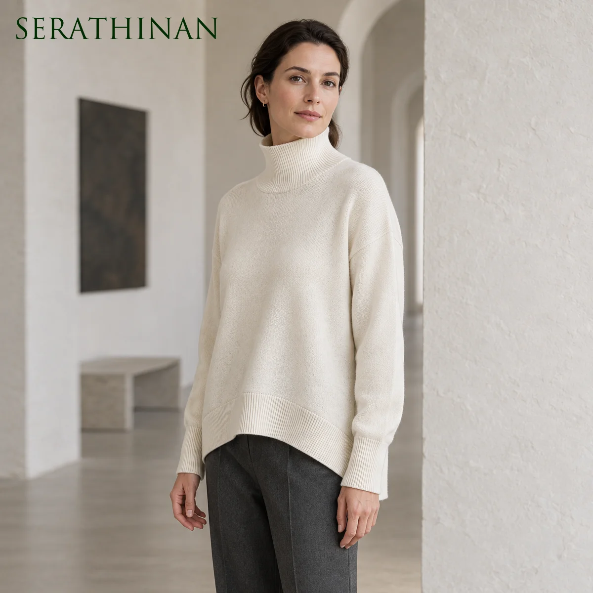 ML62236 Women's Funnel Neck Knit Pullover High-Low Hem Drop Shoulder Soft Modal Blend Autumn Winter Sweater Top