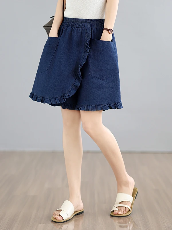 

Summer Thin Denim Short Pants Women's High Waist Patchwork Cotton Polyester Blend Loose Fit Washed Artistic Style Shorts