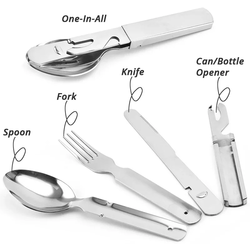 4-in-1 Portable Stainless Steel Camping Spoon, Fork, Knife and Can/Bottle Opener, Military Camping Utensils,  Travel Multitool