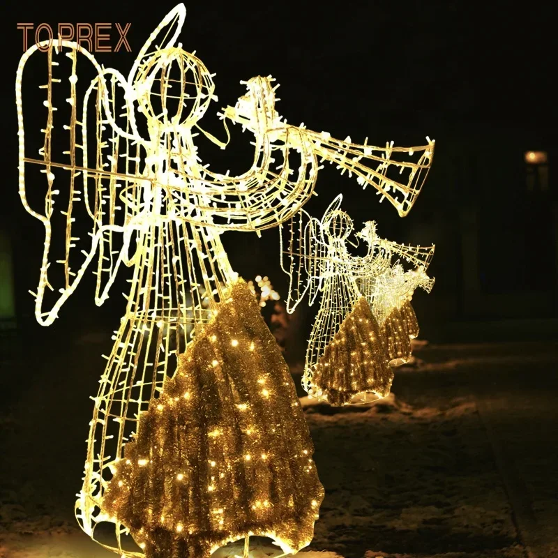 

IP65 Rated Outdoor Christmas Decoration 3D Metal Motif of Lighted Angels with Trumpets Wings Playing Harp for Holiday