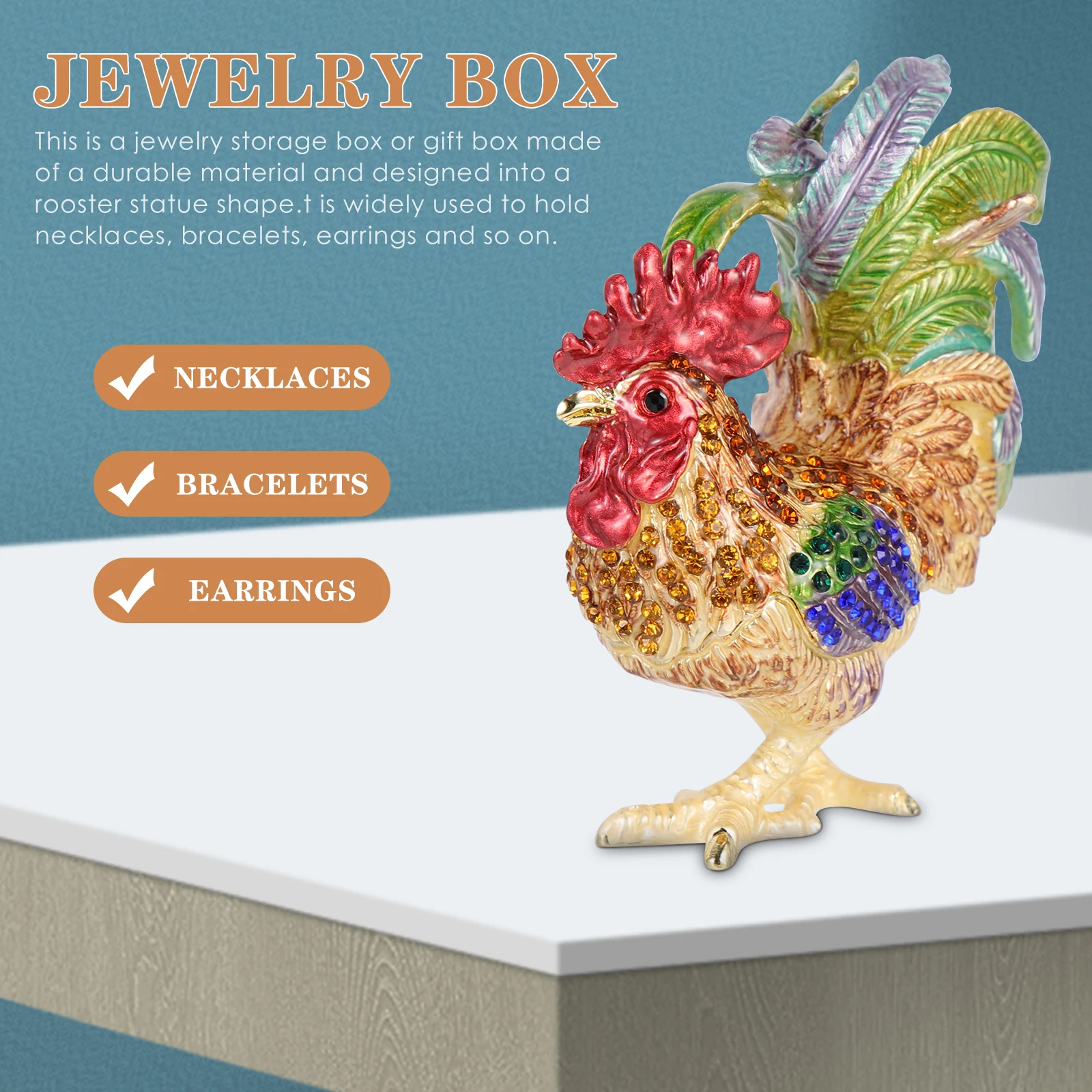 

Rooster Trinket Box Jewelry Storage Organizer Desktop Decor Alloy Statue Vintage Dresser Accessories Necklace Ring