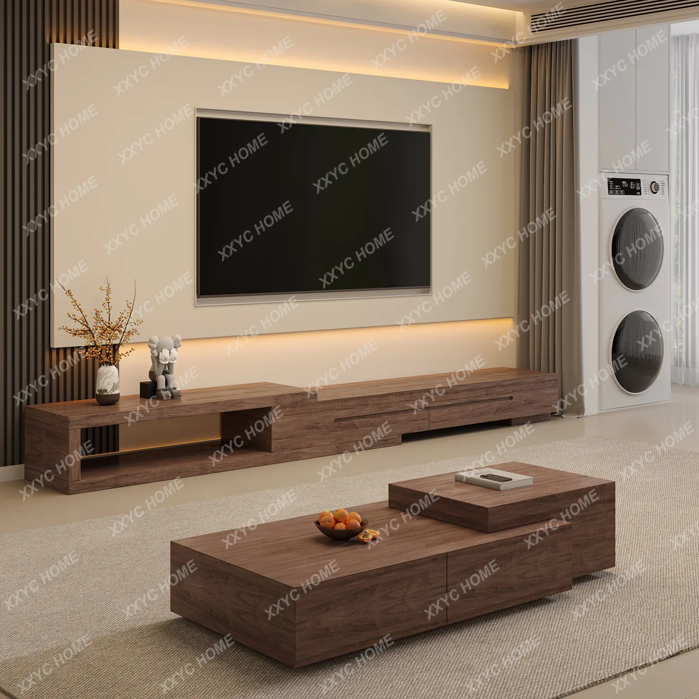 Retractable TV Cabinet Modern Simple Small Apartment Living Room Walnut TV Cabinet Coffee Table Combination Floor Cabinet