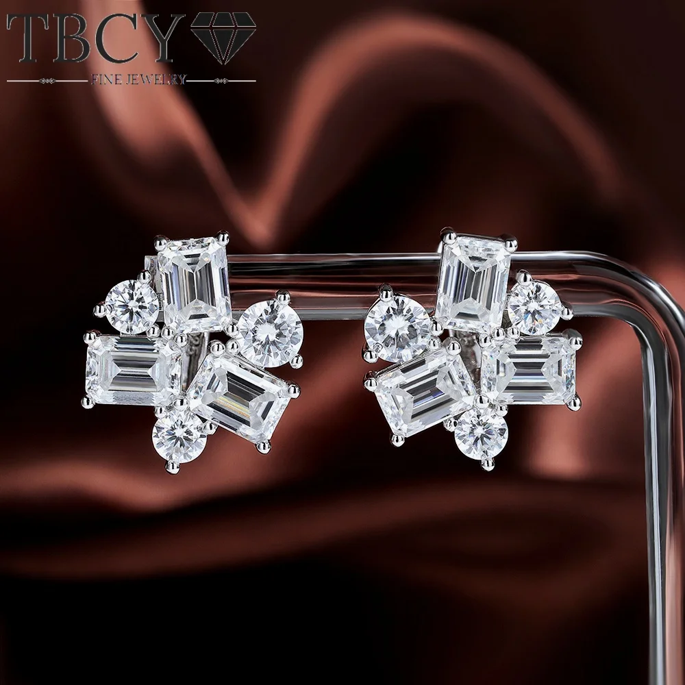 

TBCYD 12 Stone Mixed Cut Moissanite Stud Earrings 4mm/5mm Round Brilliant 5x7mm Emerald Cut S925 Sterling Silver Fine Jewelry