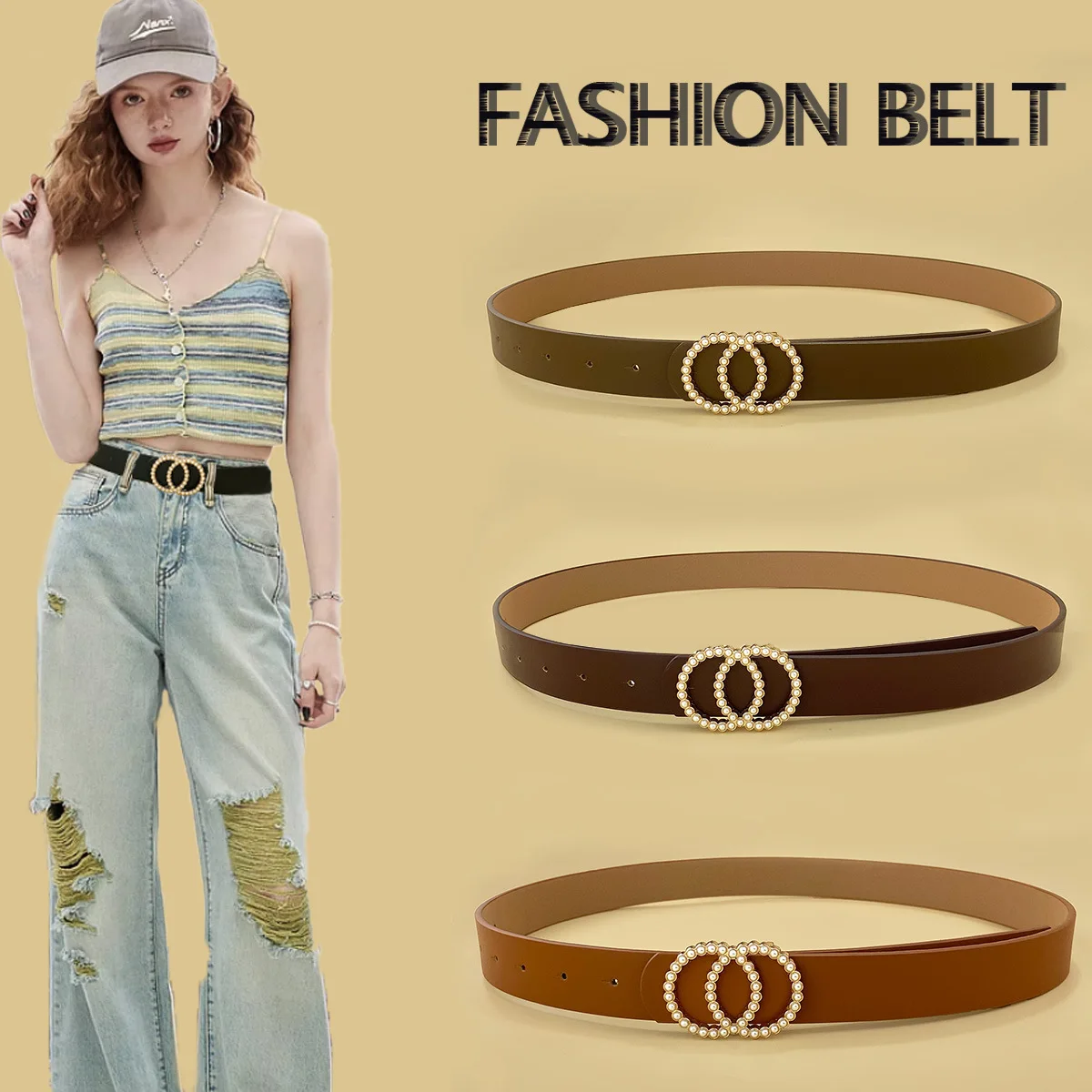 أزياء المرأة الجوف خارج مزدوجة جولة الذهبي مشبك حزام عارضة الجينز حزام الخصر المرأة الإكسسوارات مصمم حزام، للهدايا المثالية