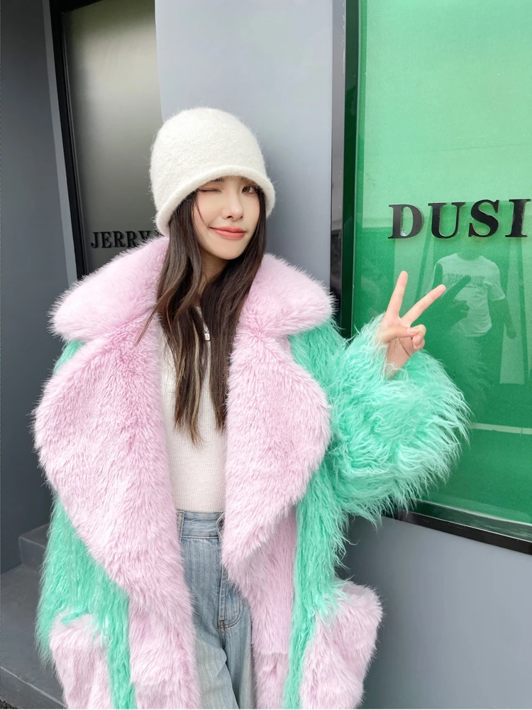 Original Design Light Green Eco-friendly Faux Fur Coat Female Loose Lapel Long Jacket Lady Shaggy Outerwea Women\'s Winter Coats