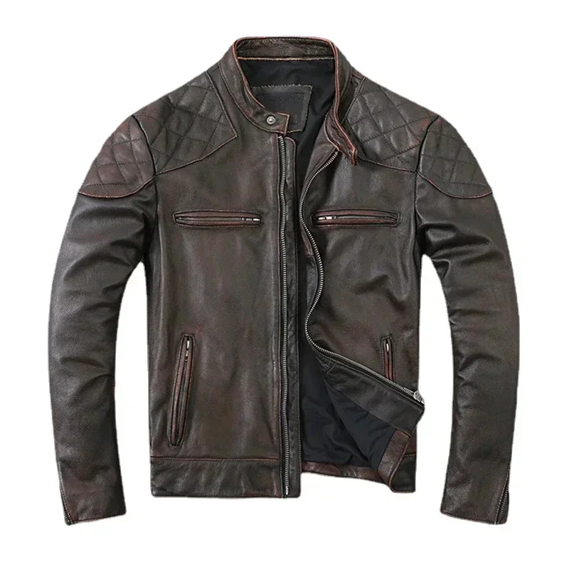 Spring and Autumn Natural Cowhide Leather Jacket Men Motorcycle Jackets Biker Clothing Man Slim Real Coat