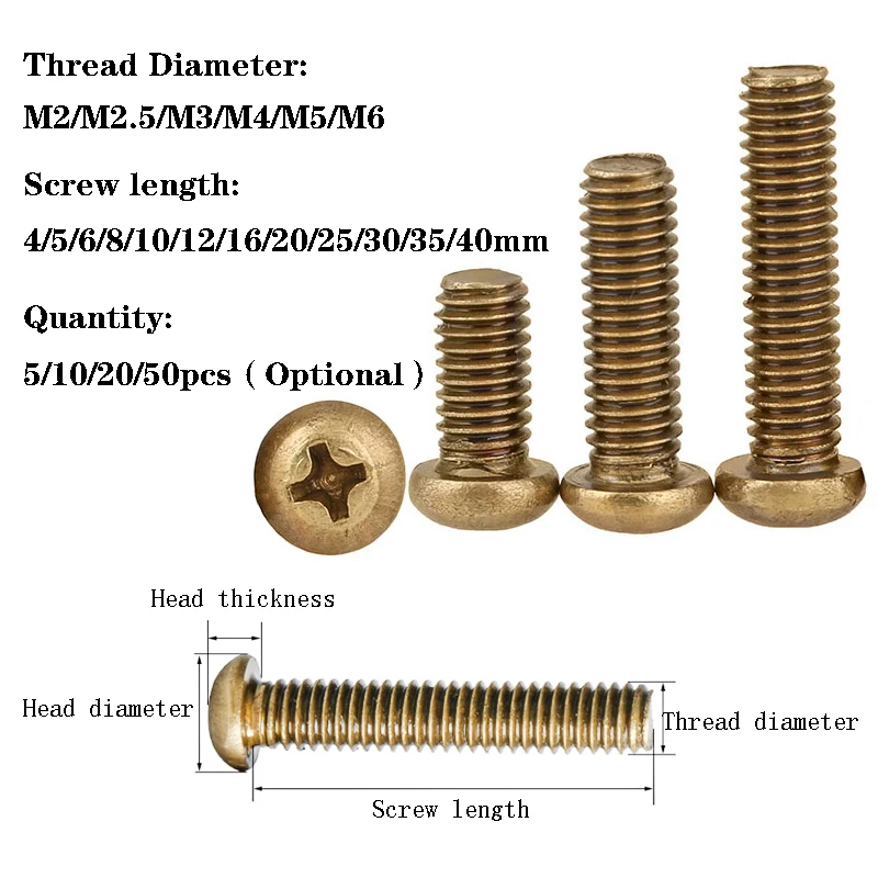 Tornillos de cabeza cruzada de latón sólido para máquina de piezas, máquina de M5, M2, M2.5, M3, M4, 5/10/20/50 M6