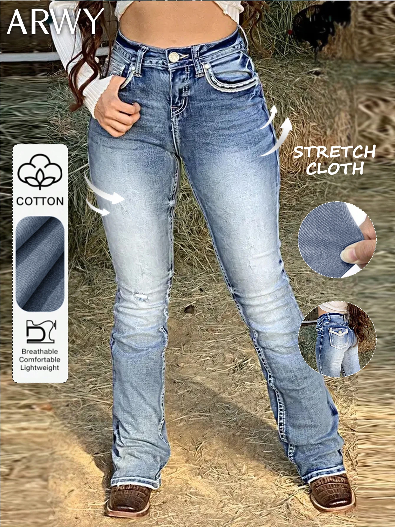 Women High Waist Vintage Washed Blue Flare Jeans Stretch Denim Pants Embroidered Back Pockets Slim Bootcut Trousers