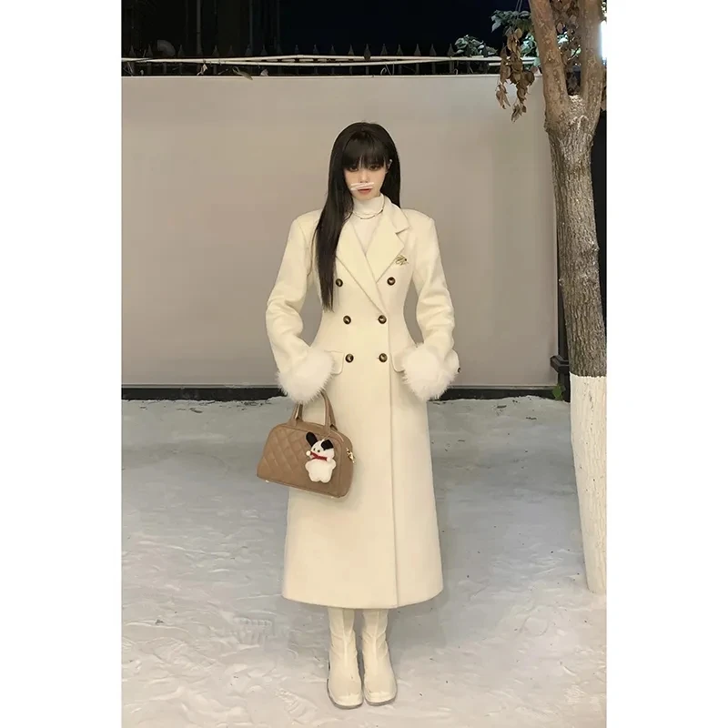 

Autumn and Winter New 20% Wool Waist Wrapped Cotton Coat Mid Length Korean Cloak Long Fit Flip Collar Woolen Coat Female Clothes