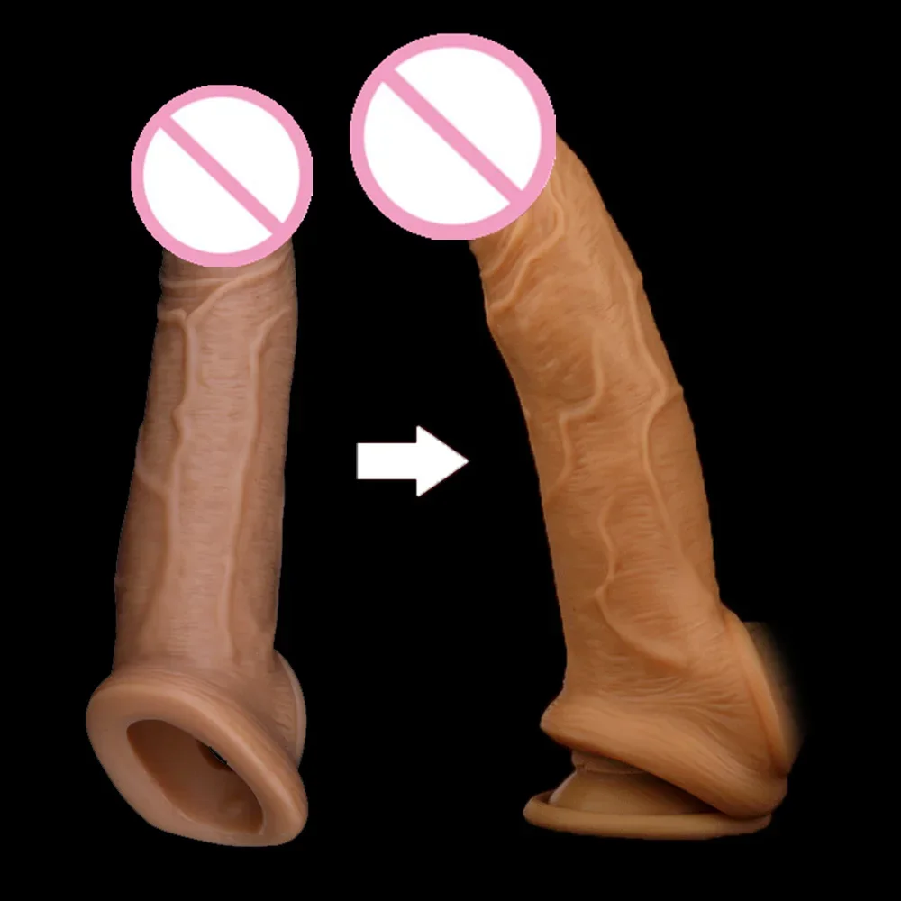 20cm Soft Liquid Silicone Reusable Penis Sleeve Extender Condom Realistic Male Cock big Dildo for Man Enlargement Time Delay