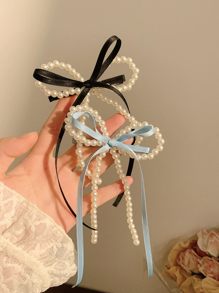 Styl baletowy ~ perłowa kokardka wstążka spinka do włosów damska zaawansowany zmysł koreański styl tylna głowa łyżka kaczy dziób szpilka nakrycie głowy lato