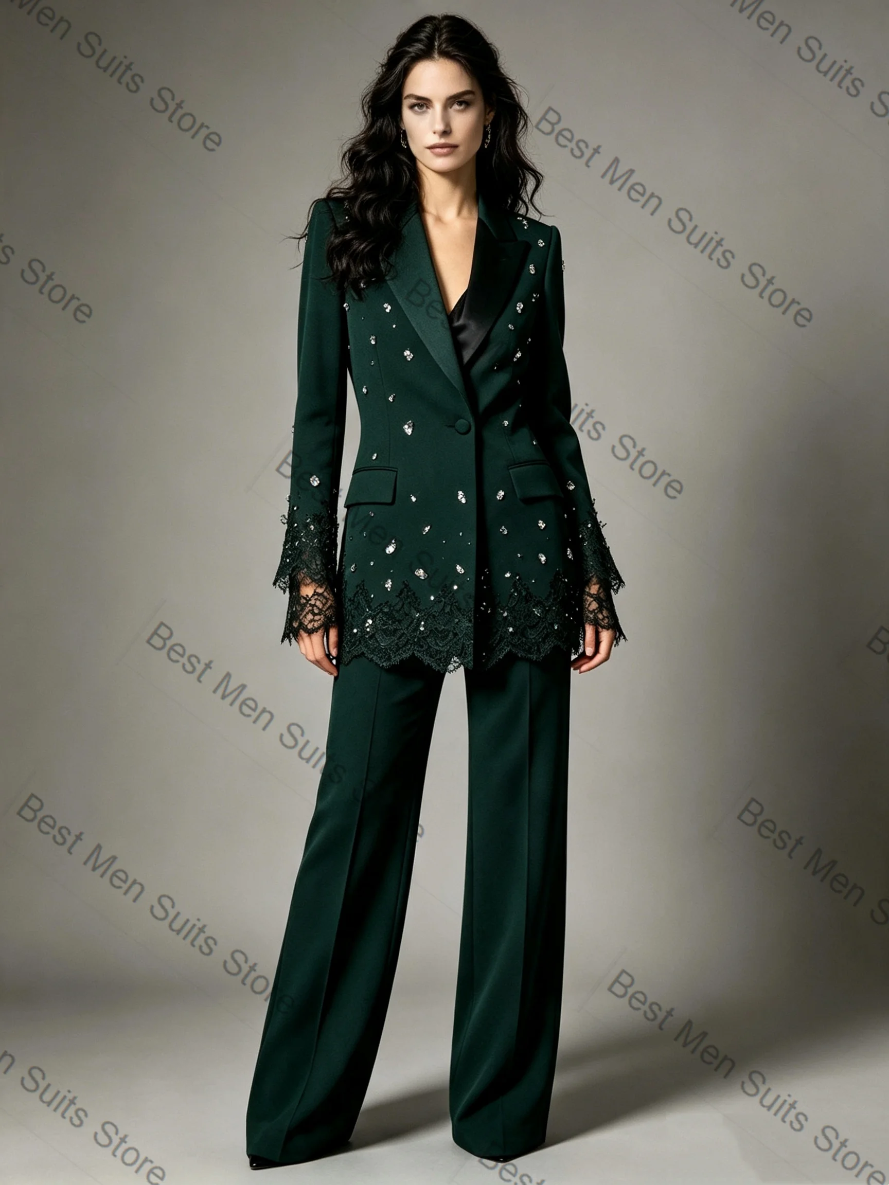 Green Crystals Women Suit Pants Set 2 Pcs Blazer+Trousers Cotton Lace Formal Office Jacket Customized Wedding Tuxedo Guest Coat